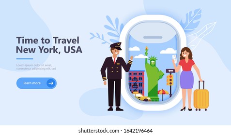 Travel to New York, USA concept with landmark icons, tourist character, pilot and airplane window. Flat cartoon illustration