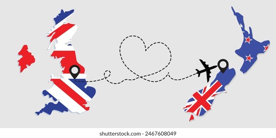 Travel to New Zealand by airplane from Great Britain concept. I love New Zealand vector illustration