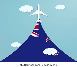 Travel to New Zealand by flight, destination concept, vacation in New Zealand, plane vector design, paper cut effect with blue sky and airplane, summer trip idea, country tourism banner