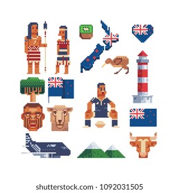 Travel to New Zealand icons set, national flag, national dress, ethnic elements culture, Maori mask. Isolated vector pixel art 80s style illustration. 8-bit. Design sticker, logo, app.