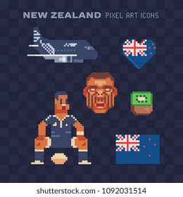 Travel to New Zealand icons set, national flag in heart shape, football player character, maori mask, Airplane. Isolated vector pixel art 80s style illustration. 8-bit. Design sticker, logo, app.