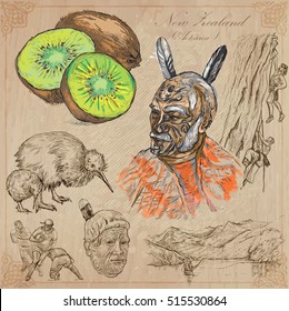 Travel NEW ZEALAND. Pictures of Life. Vector collection. Hand drawn illustrations. Pack of sketches. Set includes - Kiwi fruit, Maori people, Climbers, kiwi bird, Rugby team, Fishing in the nature.