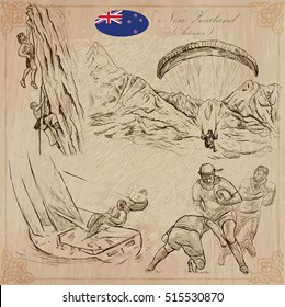 Travel NEW ZEALAND. Pictures of Life - Sport. Vector collection. Hand drawn illustrations. Pack of sketches. Set includes - Climbing, Climbers, Parachute, Paragliding, Yachting and  Rugby team.