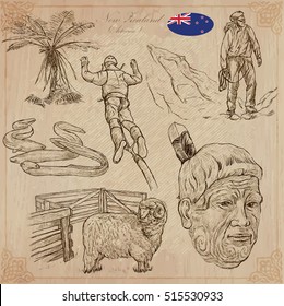 Travel NEW ZEALAND. Pictures of Life. Vector collection. Hand drawn illustrations. Pack of sketches. Set includes - Wild bracken, Climber, Bungee jumping, Eel fish, Ram, Sheep, Maori people portrait.