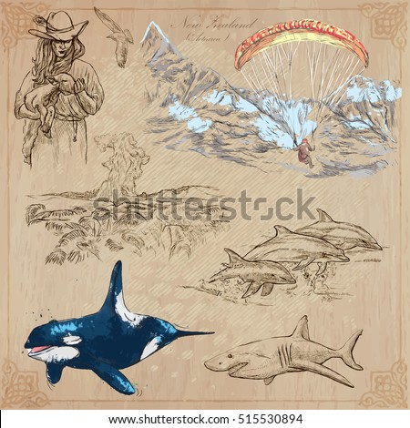 Travel NEW ZEALAND. Pictures of Life. Vector collection. Hand drawn illustrations. Pack of sketches. Set includes - Young farmer with lamb, Paragliding, pohutu geyser, Dolphins, Shark and Killer Whale