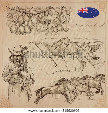 Travel NEW ZEALAND. Pictures of Life. Vector collection of an hand drawn illustrations. Pack of sketches. Set includes - Kiwi fruit on the tree, Young farmer with lamb, mountains and Wild horses.