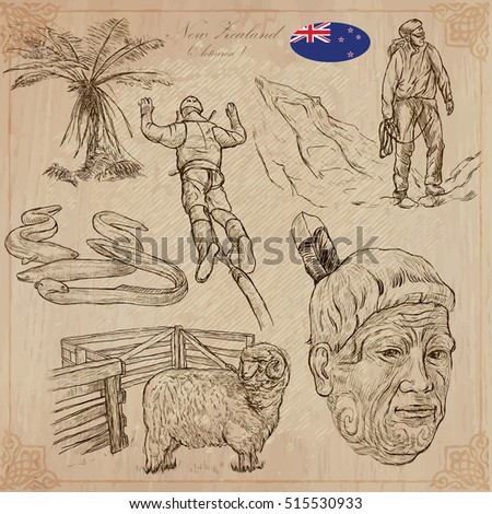 Travel NEW ZEALAND. Pictures of Life. Vector collection. Hand drawn illustrations. Pack of sketches. Set includes - Wild bracken, Climber, Bungee jumping, Eel fish, Ram, Sheep, Maori people portrait.