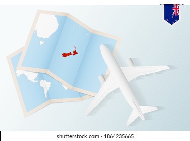 Travel to New Zealand, top view airplane with map and flag of New Zealand. Travel and tourism banner design.