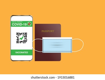 Travel in newnormal concept. Illustration of passport, digital vaccine passport identificate of covid-19 vaccination on mobile phone and face mask.Vector illustration.