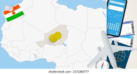 Reisen Sie zu Niger Konzept, Karte mit Pin auf Karte von Niger. Reisevorbereitung Karte, Flagge, Reisepass und Tickets. Vektorgrafik in flachem Design.