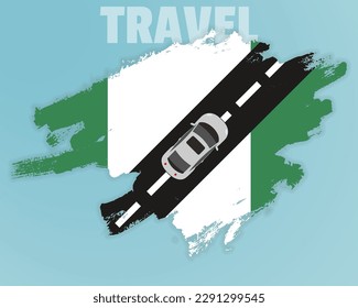 Travel to Nigeria by car, going holiday idea, vacation and travel banner concept, car on the road with Nigeria flag, international car travel, automobile going on a way, top view