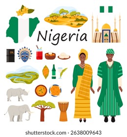 Travel to Nigeria infographic set with title, culture elements and Nigerian people in ethnic dress. Abuja National Mosque and tribal mask, Niger River and savannah cartoon vector illustration