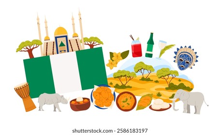 Travel to Nigeria, national culture elements and nature, landmarks and food in infographic collage banner. Abuja National Mosque and big flag, animals of savannah landscape cartoon vector illustration