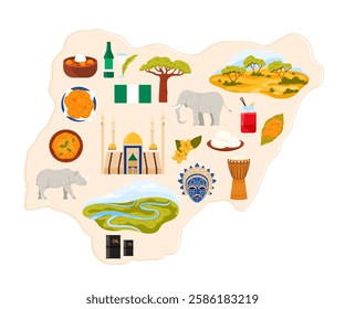 Travel to Nigeria set, stickers of food and culture, Abuja National Mosque, nature on infographic country map. Famous tourist attractions and holiday elements, baobab and animals vector illustration