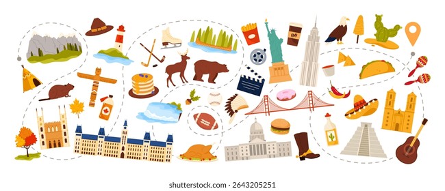 Travel to North America, culture elements set, food and landmarks, nature objects for tourist tour across continent. Canadian Parliament and Capitol Building, mountains cartoon vector illustration