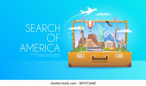 Travel to North America. Open suitcase with landmarks. Flat style.