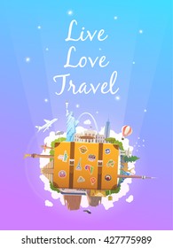 Travel to North America. Road trip. Tourism. Old suitcase with landmarks. Vertical web banner. Modern flat design.