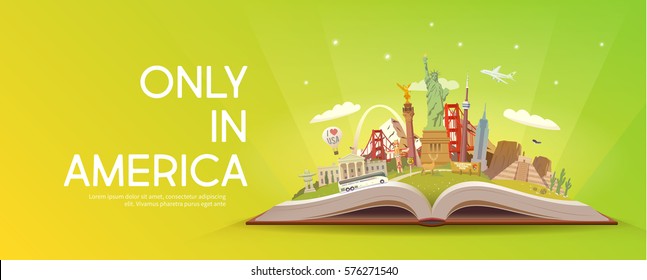 Travel to North America. Road trip. Tourism. Open book with landmarks. North America Travel Guide. Summer vacation. Travelling banner.Only in America. Modern flat design. EPS 10.