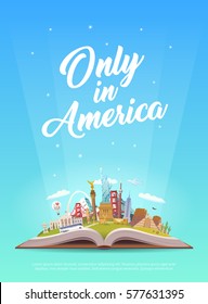 Travel to North America. Road trip. Tourism. Open book with landmarks. North America Travel Guide. Summer vacation. Travelling vertical vector banner. Only in America. Modern flat design. EPS 10. #6