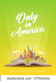 Travel to North America. Road trip. Tourism. Open book with landmarks. North America Travel Guide. Summer vacation. Travelling vertical vector banner. Only in America. Modern flat design. EPS 10. #1