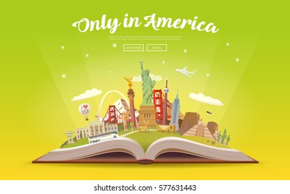 Travel to North America. Road trip. Tourism. Open book with landmarks. North America Travel Guide. Summer vacation. Travelling vector illustration. Only in America. Modern flat design. EPS 10. #2