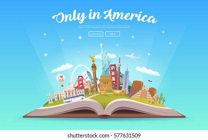 Travel to North America. Road trip. Tourism. Open book with landmarks. North America Travel Guide. Summer vacation. Travelling vector illustration. Only in America. Modern flat design. EPS 10. #3