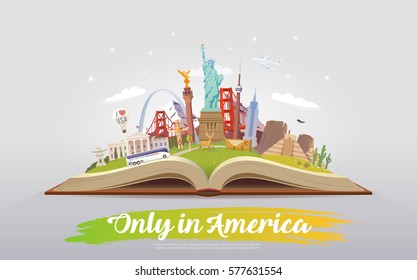 Travel to North America. Road trip. Tourism. Open book with landmarks. North America Travel Guide. Summer vacation. Travelling vector illustration. Only in America. Modern flat design. EPS 10. #8