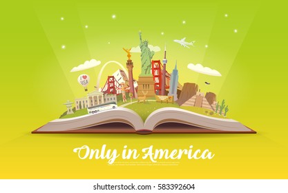 Travel to North America. Road trip. Tourism. Open book with landmarks. North America Travel Guide. Summer vacation. Travelling vector illustration. Only in America. Modern flat design. EPS 10. #4