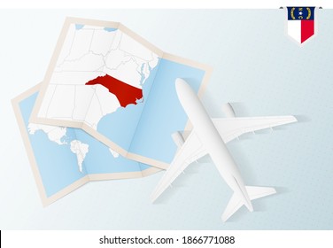 Travel to North Carolina, top view airplane with map and flag of North Carolina. Travel and tourism banner design.