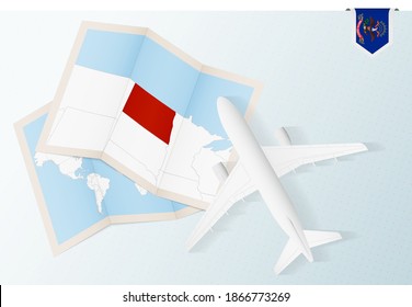 Travel to North Dakota, top view airplane with map and flag of North Dakota. Travel and tourism banner design.