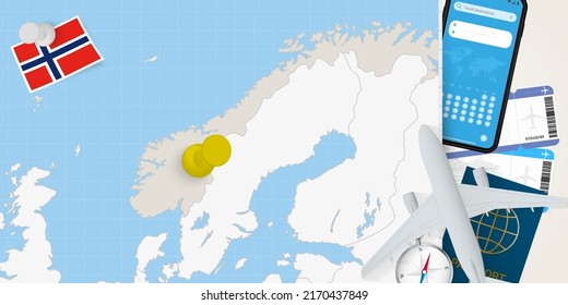 Travel to Norway concept, map with pin on map of Norway. Vacation preparation map, flag, passport and tickets. Vector illustration in flat design.