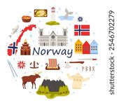 Travel to Norway, culture elements and nature, flag and map in round infographic banner. Nordic symbols and food, landscape and landmarks in circle with Norway title cartoon vector illustration