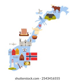 Viaja a Noruega, Elementos y Lugares famosos de cultura, comida en el mapa infográfico. Catedral de Nidaros e iglesia de la estatua de Urnes, casas tradicionales de Bergen, bandera noruega, Ilustración vectorial de dibujos animados de alces