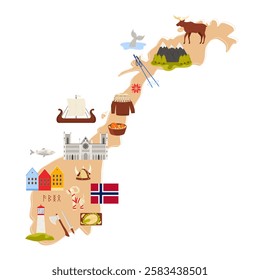 Travel to Norway set, culture elements and landmarks, food in infographic map. Nidaros Cathedral and Urnes Stave Church, Bergen traditional houses, Norwegian flag, elk cartoon vector illustration