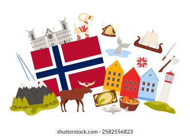 Travel to Norway set, elements of traditional culture and fjord waters with salmon, food and landmarks in infographic collage banner. Norwegian flag and Bergen houses, viking ship vector illustration