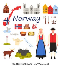 Viaja a Noruega con el título. Gente noruega con trajes tradicionales y Elementos de cultura, Lugares famosos famosos y vistas a las montañas, casas de Bergen y la Ilustración vectorial de dibujos animados de la Catedral de Nidaros