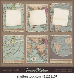 travel notes - grungy torn notebook pages on vintage maps