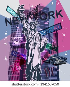 Travel NYC poster with Statue of Liberty,Typography, t-shirt design.