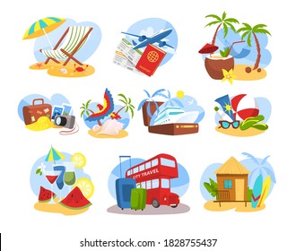 Travel object vector illustration set. Cartoon flat collection of traveling or sightseeing tour, items for modern traveler. Summer vacation or beach adventure, tourism concept icons isolated on white