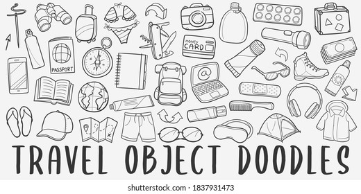 Travel Objects doodle icon set. Traveller Vector illustration collection. Banner Hand drawn Line art style.