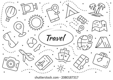 Travel objects and elements related set. Concept of adventure and tourism. Vector line symbol collection.
