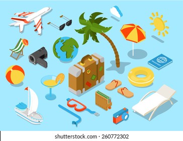 Travel objects icon set flat 3d isomectric modern design template. Airplane sunglasses palm umbrella passport suitcase ball beach chair wallet slippers cocktail yacht diving mask tube sun collection.