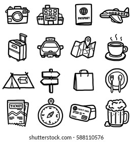 travel objects, icons set / cartoon vector and illustration, hand drawn style, black and white, isolated on white background.