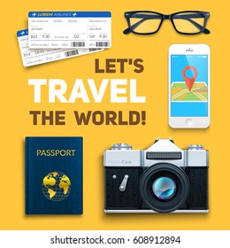 Travel objects and inspirational slogan. World travel background. Easy to edit vector design template.