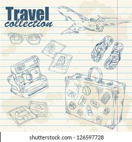 Travel objects lineart on notebook paper splatter background