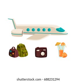 Travel objects - plane, bags, digital camera and orange juice, vacation elements, cartoon vector illustration isolated on white background. Tourist objects - travel bags, camera, air plane, cocktail