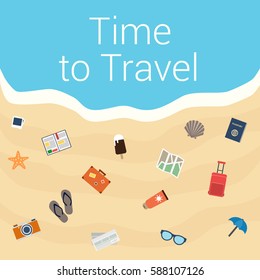 Travel objects set in flat design. Summer holidays.