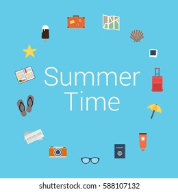 Travel objects set in flat design. Summer holidays.