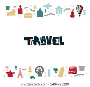 Travel objects, symbols collection - Eiffel tower, palm tree, balloon, bus, plane, the castle, the bus, the Sphinx in paper cut style. Colorful print design for packaging design, brand design, poster