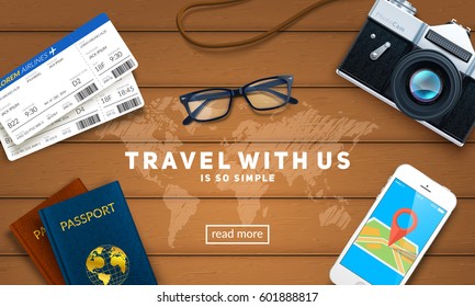 Travel objects and text on wooden table. World travel background. Easy to edit vector design template.